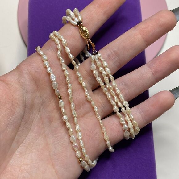 💛 Vintage 14k Yellow Gold Pearl & Gold Bead Triple Strand Necklace - Picture 4 of 4